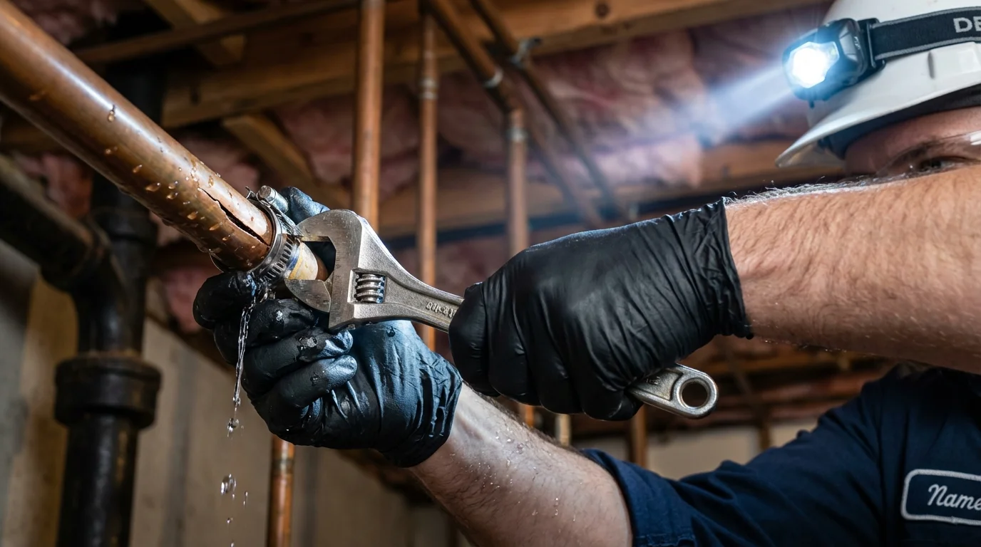Emergency pipe clamp repair being performed by a Johns Plumbing LLC plumber in Monona